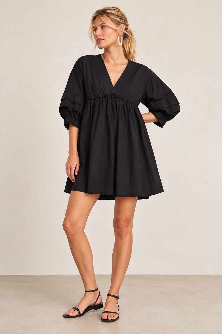 NWT Maeve Anthropologie Black Babydoll Mini Dress Medium Puff Sleeve $160